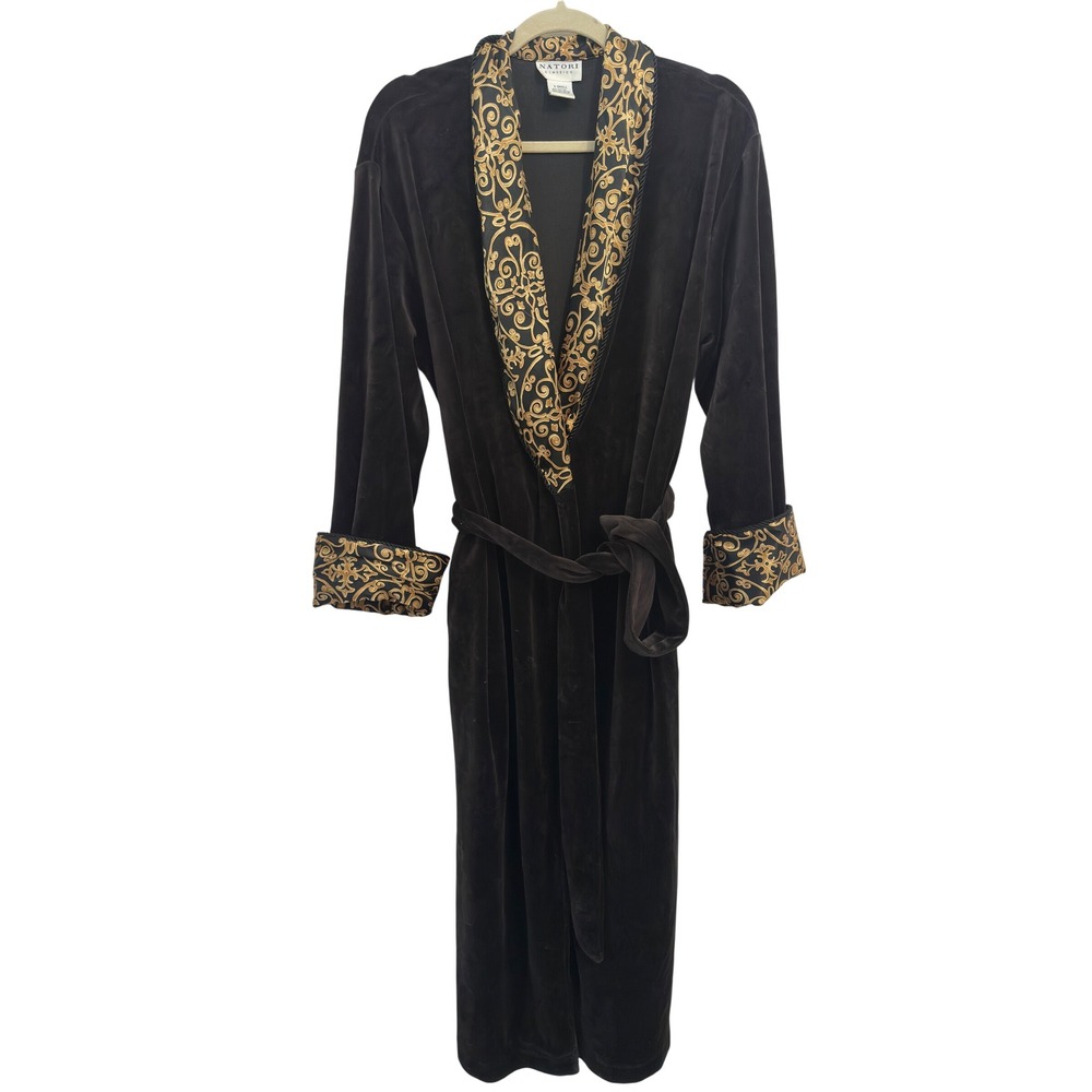 Natori Classics Long Robe Black Gold Velour Satin Shawl Collar Old Hollywood XS